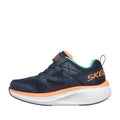 The Skechers Toddlers Go Run Elevate 2.0 Where's My Skechers Navy Trainer features orange accents, teal lining, a white textured sole, Velcro strap, mesh panels for breathability, side logo, and a hidden locator tag compartment., 49256, 198739630312, 198739630329, 198739630336