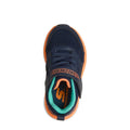 Top view of Skechers Toddlers Go Run Elevate 2.0 Where's My Skechers Navy Trainer with orange accents, teal inner lining, orange Skechers logo on Velcro strap, and a hidden locator tag compartment for added peace of mind., 49256, 198739630312, 198739630329, 198739630336