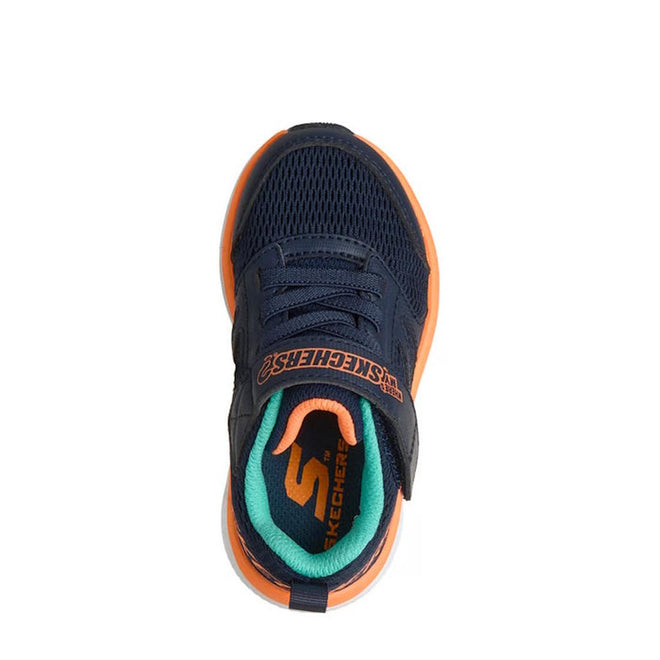 Top view of Skechers Toddlers Go Run Elevate 2.0 Where's My Skechers Navy Trainer with orange accents, teal inner lining, orange Skechers logo on Velcro strap, and a hidden locator tag compartment for added peace of mind., 49256, 198739630312, 198739630329, 198739630336