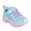 The Skechers Kids Toddlers Play Scene Fun Squad Turquoise Multi is a light blue sneaker with lavender strap and laces, shiny mesh upper, sea-themed accents on a pink midsole, and an adaptive closure for easy wear.