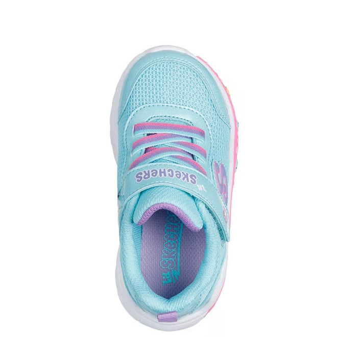 Top view of the Skechers Kids Toddlers Play Scene Fun Squad sneaker in turquoise multi, featuring pink accents, a lavender "Skechers" strap logo, white sole, elastic laces, adaptive closure, and cushioned insole for comfort., 45357, 198376228576, 198376228583, 198376228590