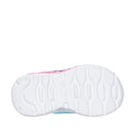 The image shows the bottom view of the Skechers Kids Toddlers Play Scene Fun Squad Turquoise Multi sneaker sole with curved grooves, embossed Skechers branding in the center, colorful accents near the edges, and a cushioned insole for comfort., 45357, 198376228576, 198376228583, 198376228590