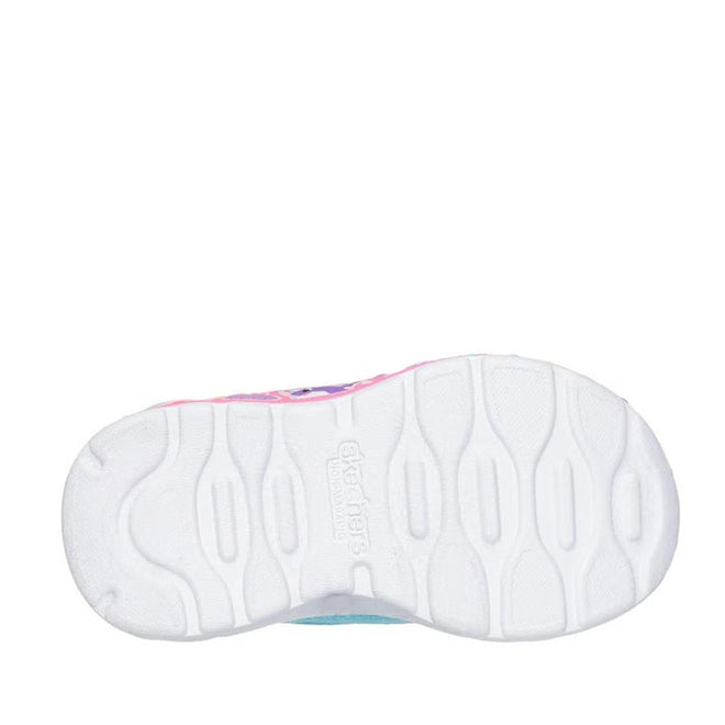 The image shows the bottom view of the Skechers Kids Toddlers Play Scene Fun Squad Turquoise Multi sneaker sole with curved grooves, embossed Skechers branding in the center, colorful accents near the edges, and a cushioned insole for comfort., 45357, 198376228576, 198376228583, 198376228590