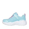 The Skechers Kids Toddlers Play Scene Fun Squad Turquoise Multi is a kids' sneaker with a breathable mesh upper, pink accents, white thick sole, adaptive hook-and-loop closure with elastic laces, and a cushioned insole for comfort., 45357, 198376228576, 198376228583, 198376228590