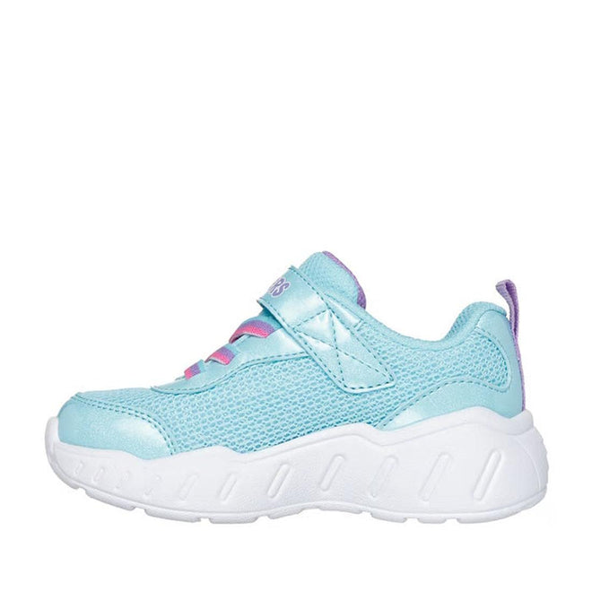 The Skechers Kids Toddlers Play Scene Fun Squad Turquoise Multi is a kids' sneaker with a breathable mesh upper, pink accents, white thick sole, adaptive hook-and-loop closure with elastic laces, and a cushioned insole for comfort., 45357, 198376228576, 198376228583, 198376228590