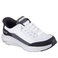 The Skechers Womens Slip In Contour Foam Cozy Fit Trainers in white and black feature a thick cushioned sole, Air-Cooled Memory Foam, slip-in design, gray accents, curved sole lines, and Skechers branding.