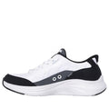 The Skechers Womens Slip In Contour Foam Cozy Fit Trainers in white and black feature gray accents, a lace-up front, side ventilation holes, a thick wavy sole with Air-Cooled Memory Foam, shown from a side profile on a plain background., 197976962033, 197976962057, 197976962064, 197976962071, 197976962088, 197976962095, 197976962118, 197976962125