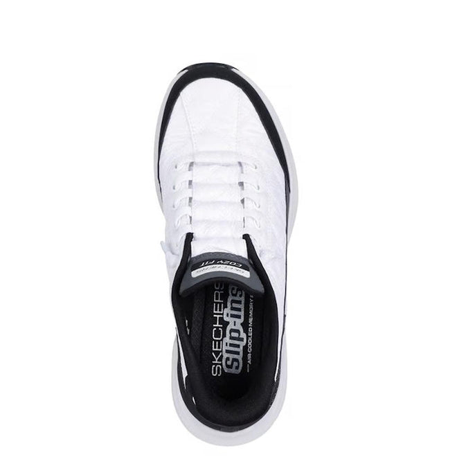 Top view of Skechers Womens Slip In Contour Foam Cozy Fit Trainers in white/black, featuring elastic laces, padded tongue, branded insole, and contour foam cushioning for comfort., 197976962033, 197976962057, 197976962064, 197976962071, 197976962088, 197976962095, 197976962118, 197976962125
