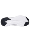 The image displays the sole of Skechers Women's Slip In Contour Foam Cozy Fit Trainers in white and black, featuring diagonal traction grooves, a central raised "S" shape, and contrasting black heel and toe sections., 197976962033, 197976962057, 197976962064, 197976962071, 197976962088, 197976962095, 197976962118, 197976962125