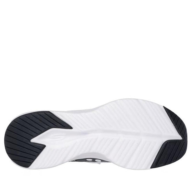 The image displays the sole of Skechers Women's Slip In Contour Foam Cozy Fit Trainers in white and black, featuring diagonal traction grooves, a central raised "S" shape, and contrasting black heel and toe sections., 197976962033, 197976962057, 197976962064, 197976962071, 197976962088, 197976962095, 197976962118, 197976962125