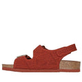 The Skechers Womens Arch Fit Granola Special Summer Cinnamon Rust Sandal is a red-orange open-toe sandal with a textured upper, adjustable buckle, cork midsole, flat sole, and podiatrist-certified arch support; shown side profile on white., 49100, 49101, 198739146905, 198739146912, 198739146929, 198739146936, 49106