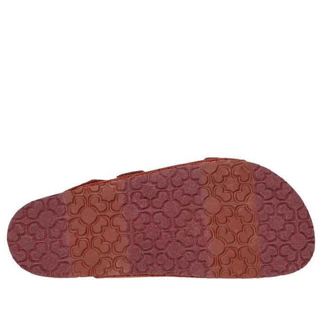 The image displays the sole of the Skechers Womens Arch Fit Granola Special Summer Cinnamon Rust Sandal, featuring reddish-brown color and textured floral and geometric patterns with three distinct sections for comfort and support., 49100, 49101, 198739146905, 198739146912, 198739146929, 198739146936, 49106