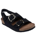 The Skechers Women's Arch Fit Granola Special Summer Black Sandal features two large metal buckles, a slingback strap, tan cushioned footbed, podiatrist-certified arch support, slight wedge heel, and textured black sole.