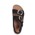 Top view of the Skechers Womens Arch Fit Granola Special Summer Black Sandal: black comfort slide with two adjustable gold buckles, brown cushioned footbed, and podiatrist-certified arch support for all-day comfort., 49055, 198376896683, 198376896690, 198376896706, 198376896713, 198376896720, 198376896737