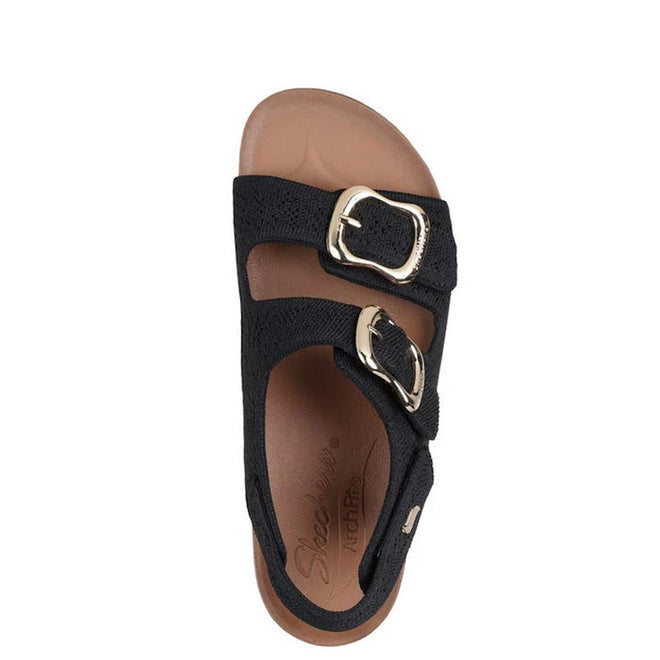 Top view of the Skechers Womens Arch Fit Granola Special Summer Black Sandal: black comfort slide with two adjustable gold buckles, brown cushioned footbed, and podiatrist-certified arch support for all-day comfort., 49055, 198376896683, 198376896690, 198376896706, 198376896713, 198376896720, 198376896737