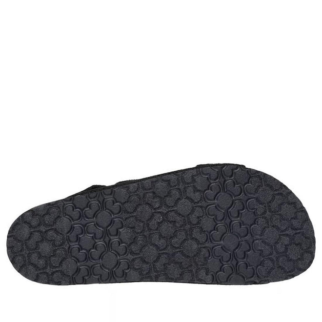 The image shows the black rubber sole of the Skechers Womens Arch Fit Granola Special Summer Black Sandal, featuring a textured pattern with repeating clover-like shapes across its surface on a plain white background., 49055, 198376896683, 198376896690, 198376896706, 198376896713, 198376896720, 198376896737