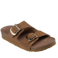 The Skechers Womens Arch Fit Granola Slide features a chestnut suede upper in a Boho Chic style with two adjustable buckle straps and a contoured cork-like sole for casual comfort.