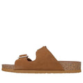 The Skechers Womens Arch Fit Granola Slide Boho Chic sandal features a chestnut suede upper, open toe, two adjustable buckle straps, cork-look midsole, and flat rubber sole—shown in side profile on a white background., 49075, 49076, 198739021967, 198739021974, 198739021981, 198739021998, 198739022001
