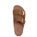 The Skechers Womens Arch Fit Granola Slide Boho Chic sandal in chestnut suede features two adjustable straps with gold buckles, a contoured footbed, and Arch Fit branding on the insole., 49075, 49076, 198739021967, 198739021974, 198739021981, 198739021998, 198739022001