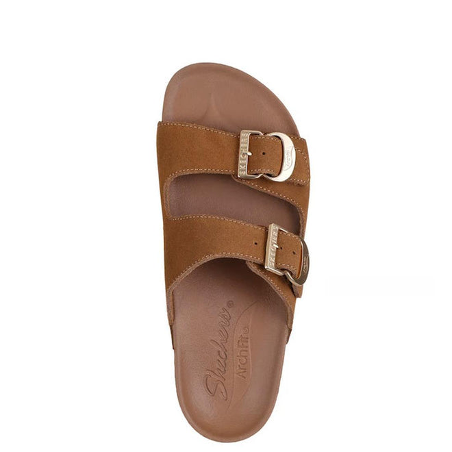 The Skechers Womens Arch Fit Granola Slide Boho Chic sandal in chestnut suede features two adjustable straps with gold buckles, a contoured footbed, and Arch Fit branding on the insole., 49075, 49076, 198739021967, 198739021974, 198739021981, 198739021998, 198739022001