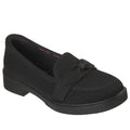 The Skechers Womens Cleo Taylor Desire Black Fabric Loafer is a black slip-on with a textured knit upper, small decorative knot on top, and a low black sole.