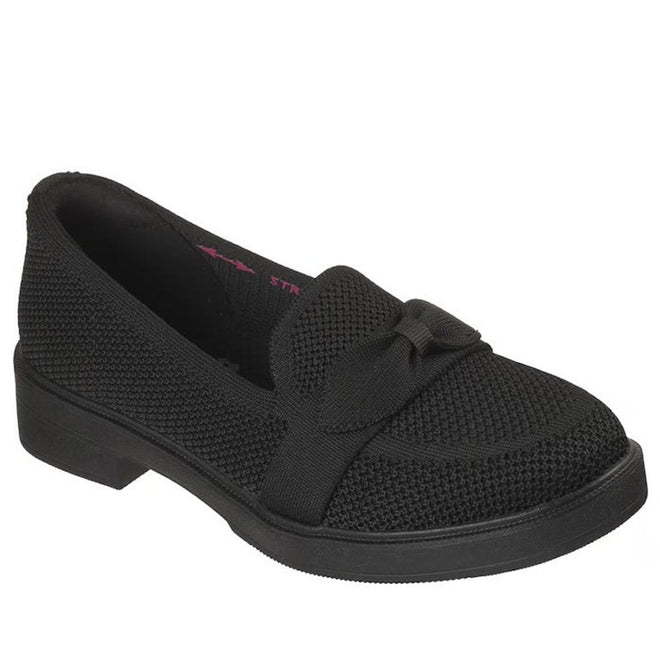 The Skechers Womens Cleo Taylor Desire Black Fabric Loafer is a black slip-on with a textured knit upper, small decorative knot on top, and a low black sole.