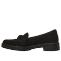 The Skechers Womens Cleo Taylor Desire Black Fabric Loafer features a textured vegan upper, low heel, and decorative band across the front, shown in side profile on a white background., 50637, 197976579231, 197976579255, 197976579279, 197976579293, 50642