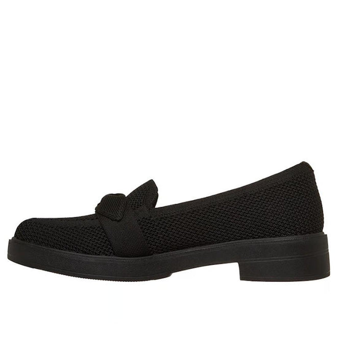 The Skechers Womens Cleo Taylor Desire Black Fabric Loafer features a textured vegan upper, low heel, and decorative band across the front, shown in side profile on a white background., 50637, 197976579231, 197976579255, 197976579279, 197976579293, 50642