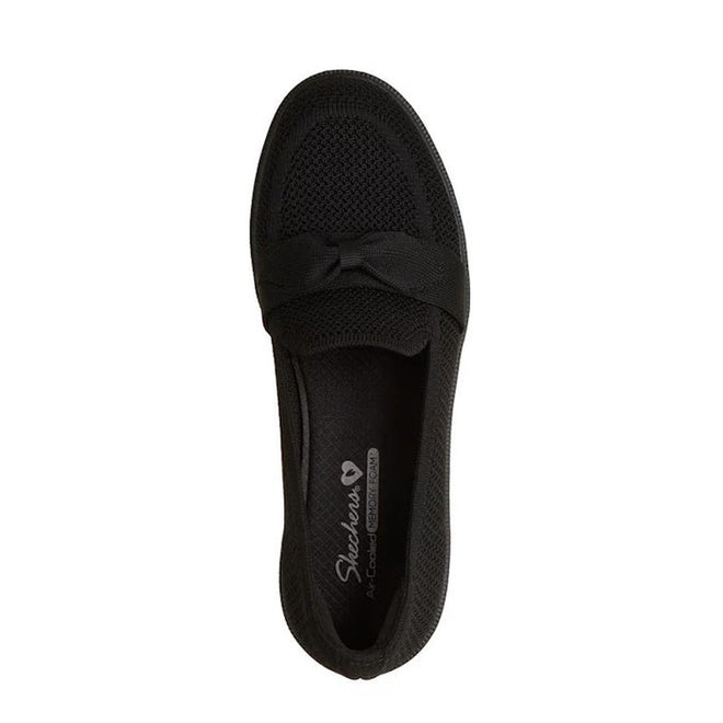 Top view of the Skechers Womens Cleo Taylor Desire Black Fabric Loafer featuring a mesh-like upper, small front bow, Skechers logo, and Air-Cooled Memory Foam insole., 50637, 197976579231, 197976579255, 197976579279, 197976579293, 50642