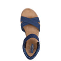 A top view of the navy Skechers Womens Bobs Desert Kiss Golden Lily SLIP IN sandal, featuring crisscross fabric straps and a cushioned tan insole. The heel area displays a dotted pattern for enhanced Memory Foam comfort., 49030, 198739558746, 198739558760, 198739558784, 49034, 49035