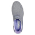 Top view of a Skechers Womens Slip Ins Go Walk 7 Mia Grey Lavender shoe with a mesh upper, purple interior, Air-Cooled Memory Foam cushioning, and the Skechers logo on the insole., 38371, 38372, 197627364025, 197627364032, 197627364049, 197627364056, 197627364063, 38378, 38379, 38380