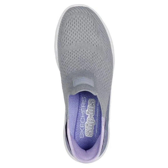 Top view of a Skechers Womens Slip Ins Go Walk 7 Mia Grey Lavender shoe with a mesh upper, purple interior, Air-Cooled Memory Foam cushioning, and the Skechers logo on the insole., 38371, 38372, 197627364025, 197627364032, 197627364049, 197627364056, 197627364063, 38378, 38379, 38380