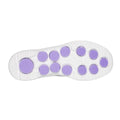 The image shows the white sole of the Skechers Womens Slip Ins GO WALK 7 Mia Grey Lavender, featuring multiple round, textured purple grip pads arranged across the bottom for traction., 38371, 38372, 197627364025, 197627364032, 197627364049, 197627364056, 197627364063, 38378, 38379, 38380