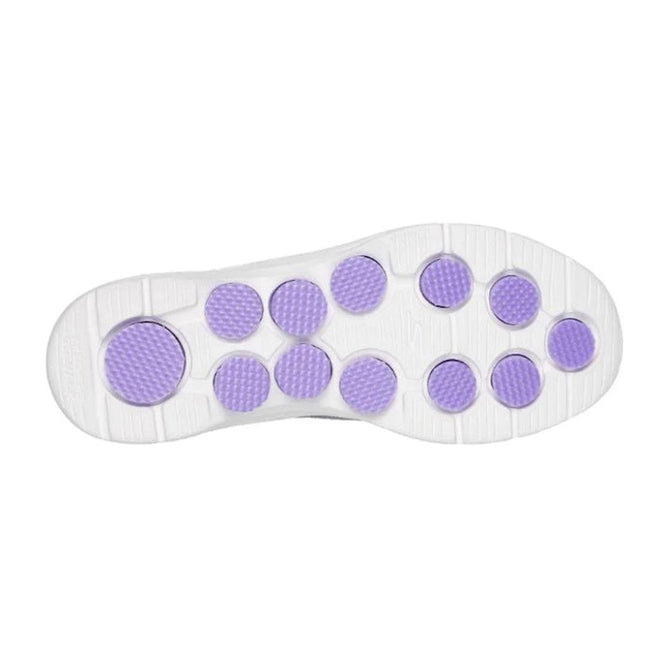 The image shows the white sole of the Skechers Womens Slip Ins GO WALK 7 Mia Grey Lavender, featuring multiple round, textured purple grip pads arranged across the bottom for traction., 38371, 38372, 197627364025, 197627364032, 197627364049, 197627364056, 197627364063, 38378, 38379, 38380