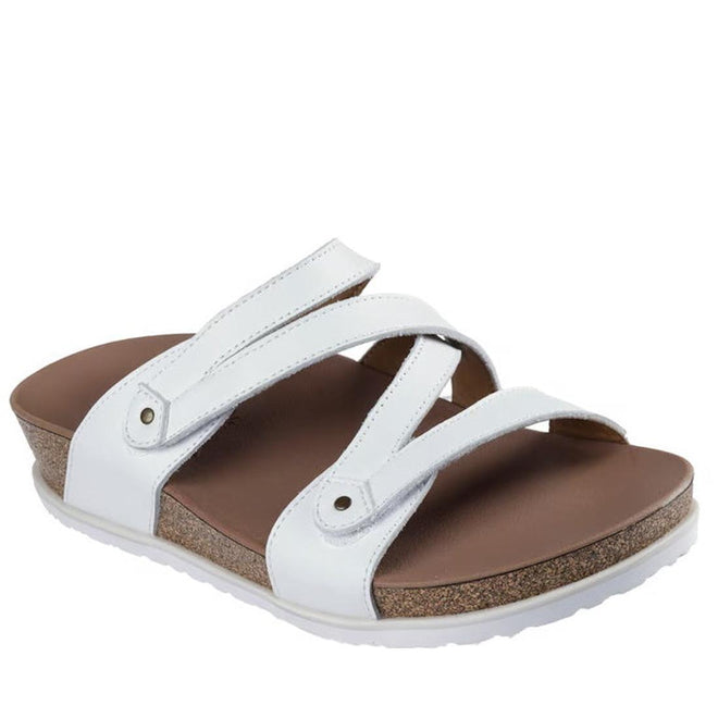 The Skechers Womens Arch Fit Granola Slim White Slide sandal features three white straps, a supportive brown footbed, and a cork midsole. Displayed on a white background.