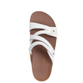 The Skechers Womens Arch Fit Granola Slim White Slide is a brown leather sandal with three white straps, a round metallic accent near the toe, and a supportive footbed for all-day comfort., 49043, 198739182224, 198739182231, 198739182248, 198739182255, 49048, 49049