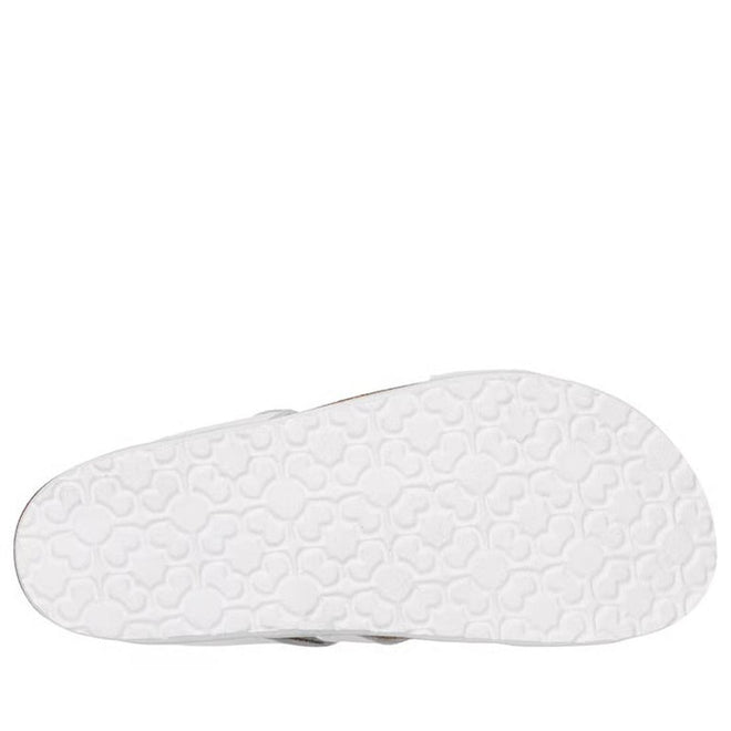 The image shows the bottom of a white Skechers Womens Arch Fit Granola Slim Slide, featuring a textured sole with raised clover-like shapes for comfort and support., 49043, 198739182224, 198739182231, 198739182248, 198739182255, 49048, 49049