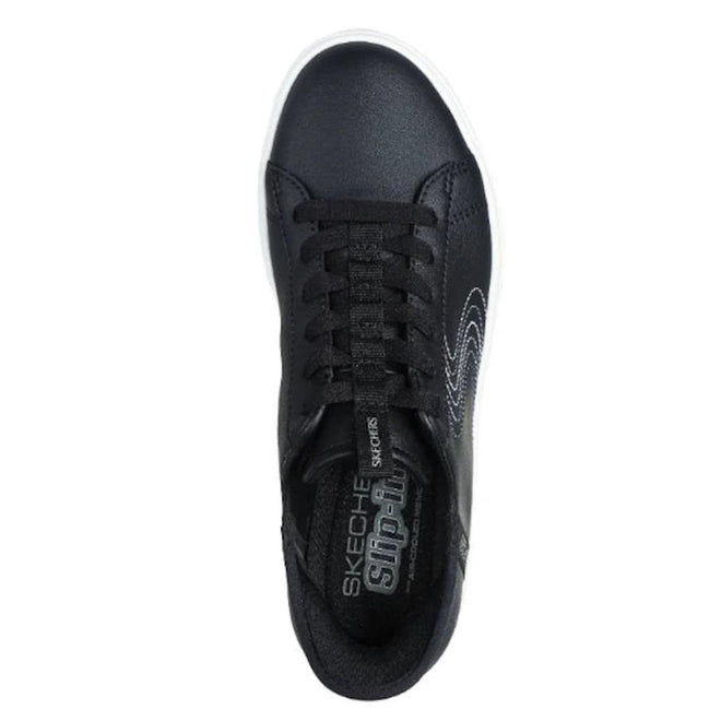 Top view of a Skechers Eden LX Royal Stride Black White Slip In Trainer with black laces, white stitching, and a white sole. Features Hands Free Slip-ins design and Air-Cooled Memory Foam. Brand name is on the insole and tongue., 38411, 38412, 196989311081, 38414, 196989311104, 38416, 196989311128, 38418, 196989311142, 38420