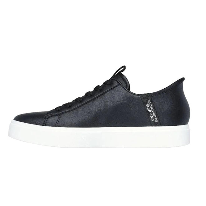 The Skechers Eden LX Royal Stride Black White Slip In Trainer is a black low-top sneaker with white platform sole, black laces, SLP INS text by the heel, Hands Free Slip-ins for easy wear, and Air-Cooled Memory Foam for all-day comfort., 38411, 38412, 196989311081, 38414, 196989311104, 38416, 196989311128, 38418, 196989311142, 38420