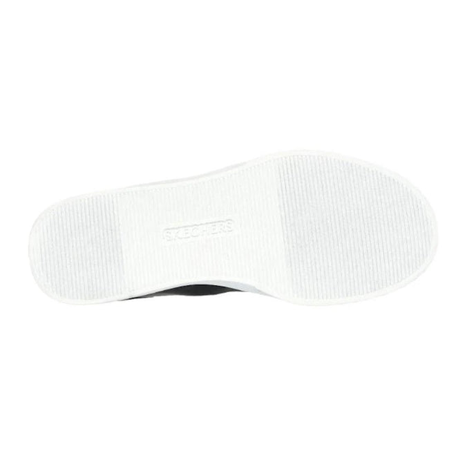 The image displays the white, textured sole of the Skechers Eden LX Royal Stride Black White Slip In Trainer, featuring “Skechers” embossed in the center and a lightly ribbed grip pattern, highlighting its clean look and Hands Free Slip-ins comfort., 38411, 38412, 196989311081, 38414, 196989311104, 38416, 196989311128, 38418, 196989311142, 38420