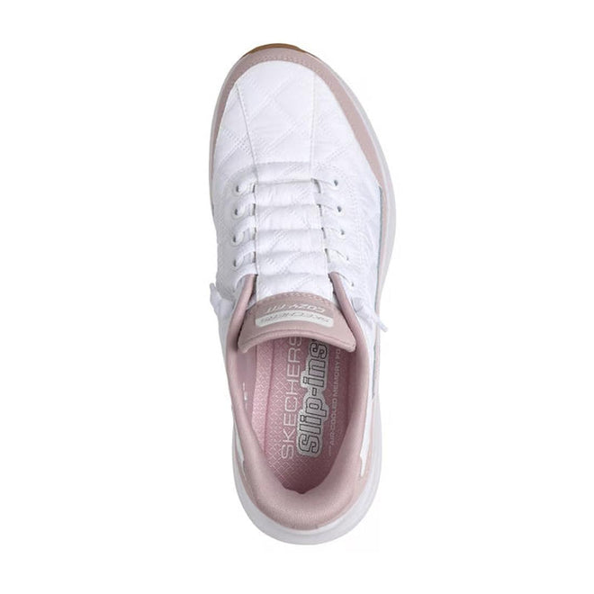Top view of Skechers Womens Slip In Contour Foam Cozy Fit White Lavender Puffer Sneakers with light purple accents, white laces, and visible branding. Features Contour Foam for comfort. Displayed against a plain white background., 197976962132, 197976962156, 197976962170, 197976962187, 197976962194, 197976962200, 197976962217, 197976962231, 197976962248