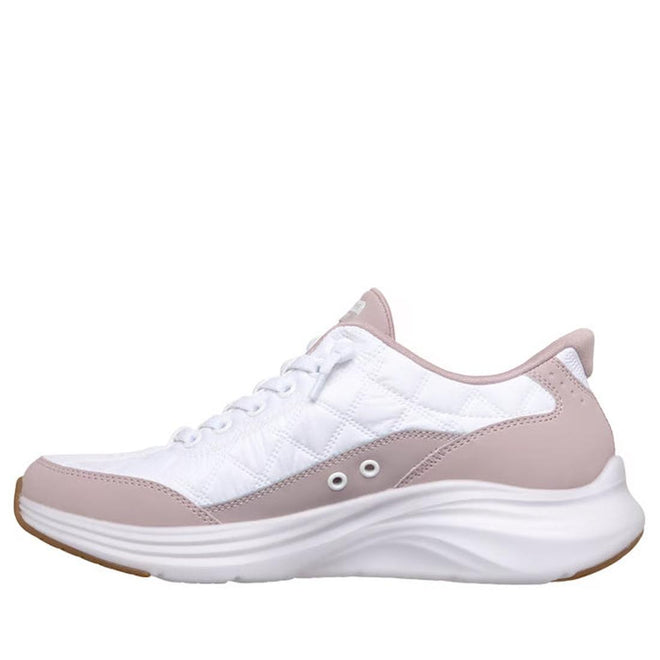 The Skechers Womens Slip In Contour Foam Cozy Fit White Lavender Puffer Sneakers feature a white quilted design with light lavender accents, Hands Free Slip-ins, white laces, a thick sole, Air-Cooled Memory Foam, and side eyelets for ventilation., 197976962132, 197976962156, 197976962170, 197976962187, 197976962194, 197976962200, 197976962217, 197976962231, 197976962248
