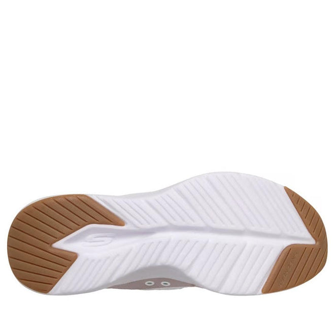 The image shows the bottom view of the Skechers Womens Slip In Contour Foam Cozy Fit White Lavender Puffer Sneakers, featuring a white sole with brown rubber traction on heel and toe areas, textured for grip and enhanced comfort., 197976962132, 197976962156, 197976962170, 197976962187, 197976962194, 197976962200, 197976962217, 197976962231, 197976962248