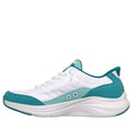 The Skechers Womens Slip In Contour Foam Cozy Fit in White Turquoise is a white sneaker with teal accents, a quilted texture, slip-in design, and thick curved sole featuring Air-Cooled Memory Foam for comfort and support., 48955, 197976962293, 48957, 197976962316, 48959, 197976962330, 48961, 48962