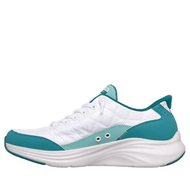 The Skechers Womens Slip In Contour Foam Cozy Fit in White Turquoise is a white sneaker with teal accents, a quilted texture, slip-in design, and thick curved sole featuring Air-Cooled Memory Foam for comfort and support., 48955, 197976962293, 48957, 197976962316, 48959, 197976962330, 48961, 48962