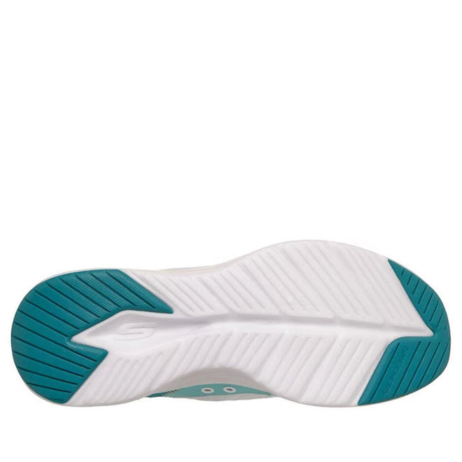 The image shows the sole of the Skechers Womens Slip In Contour Foam Cozy Fit White Turquoise, mostly white with turquoise at the toe and heel, a textured tread for grip, a molded S shape, and Contour Foam for comfort., 48955, 197976962293, 48957, 197976962316, 48959, 197976962330, 48961, 48962