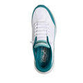 A white and turquoise Skechers Womens Slip In Contour Foam Cozy Fit shoe is seen from above, highlighting the top, laces, and branded insole with Contour Foam for cozy all-day comfort., 48955, 197976962293, 48957, 197976962316, 48959, 197976962330, 48961, 48962