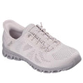 The Skechers Womens Slip In Glide Step Amore Lavender WIDE WIDTH Trainer features a mesh upper, slip-in design, thick textured sole, subtle branding, and Air-Cooled Memory Foam for breathable, all-day cushioned comfort.