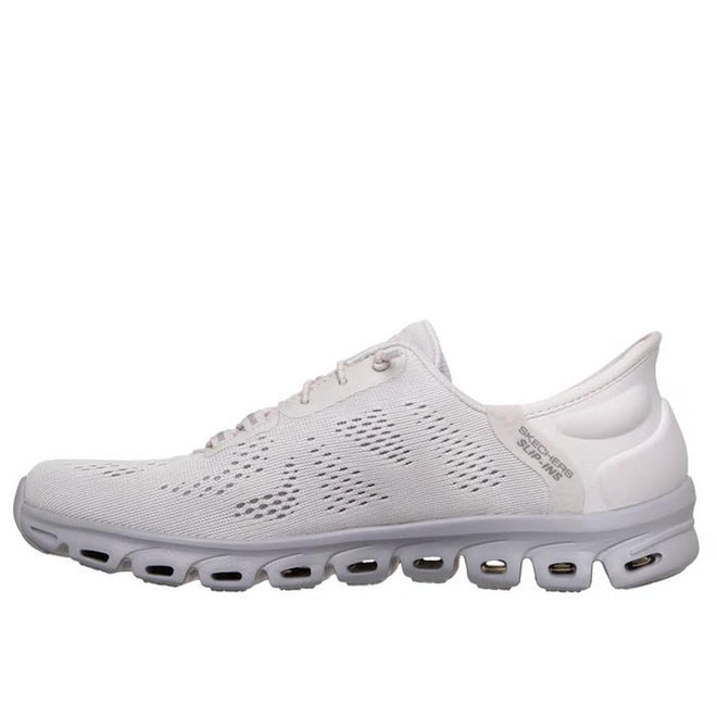 The Skechers Womens Slip In Glide Step Amore Lavender WIDE WIDTH Trainer features a mesh upper with ventilation holes, a thick cushioned segmented sole, and Air-Cooled Memory Foam for comfort., 50625, 198739310955, 198739310979, 198739310993, 50629, 50630