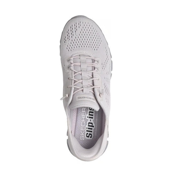 Top view of a lavender Skechers Womens Slip In Glide Step Amore WIDE WIDTH Trainer, featuring mesh fabric, elastic laces, Air-Cooled Memory Foam comfort, and the Slip-ins logo on the insole., 50625, 198739310955, 198739310979, 198739310993, 50629, 50630